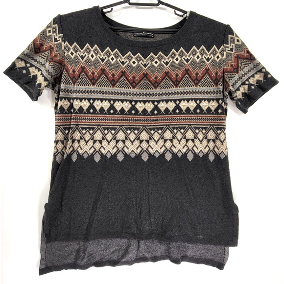 Peruvian Connection Sweaters - Peruvian Connection Pima Cotton Sweater Medium Gray Fair Isle Short Sleeve